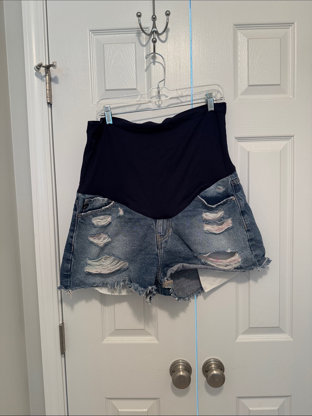 Pinkblush Blue Distressed Maternity Jean Shorts with Black Panel